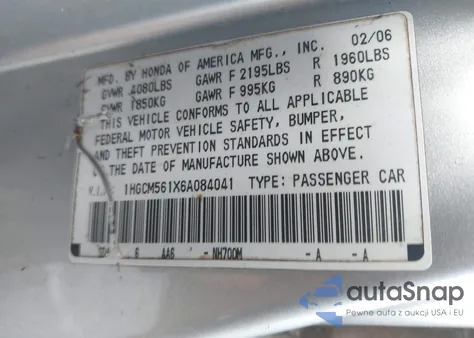 2006 Honda Accord 2.4 Vp из США, поврежденный, VIN 1HGCM561X6A084041